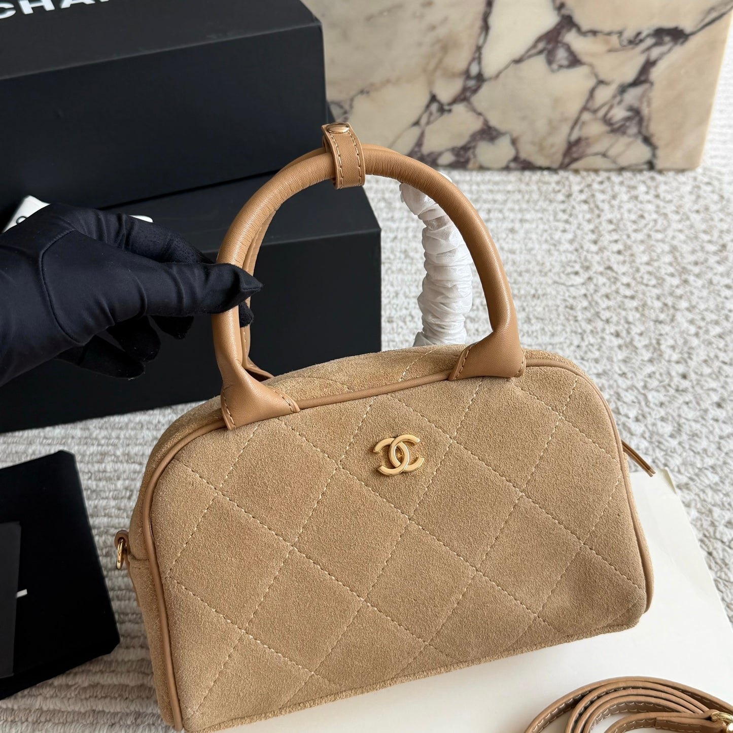Cuero | CC Quilted Suede Bowler Top Handle Bag