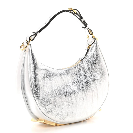 Cuero | Laminated Craquele Lambskin Small Fendigraphy Hobo Bag Argento