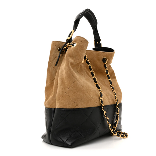 Cuero | Suede Calfskin Shiny Lambskin Quilted Shopping Bag Beige Black
