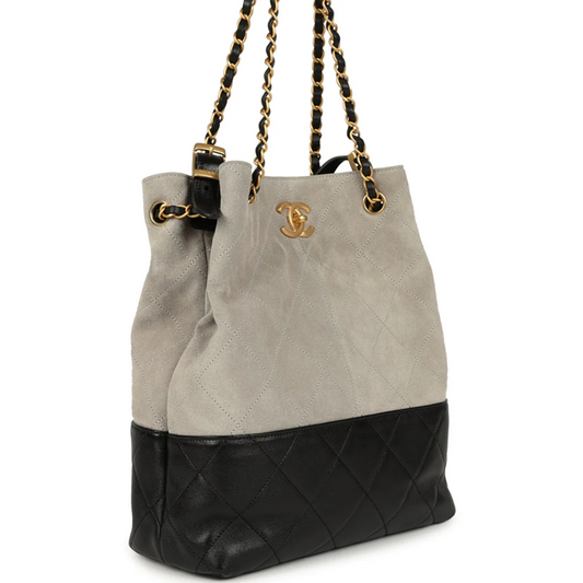 Cuero | Suede Calfskin Shiny Lambskin Quilted Shopping Bag Dark Gray