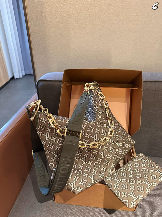 Cuero | Monogram Jacquard Chain Link Hobo Bag with Pouch - Olive Green