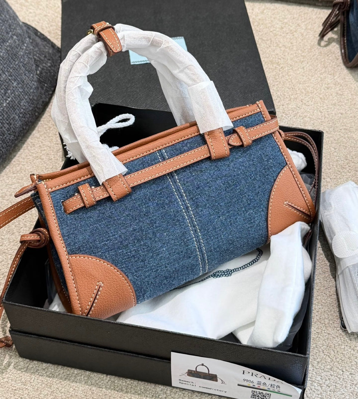 Cuero | Denim Mini Tote Bag with Leather Trim - Blue Denim and Tan