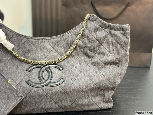 Cuero | Quilted Denim Chain Hobo Tote Bag - Grey