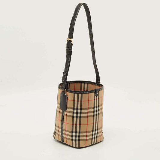 Cuero | Ashby Archive Beige Check Fabric and Leather Bucket Bag