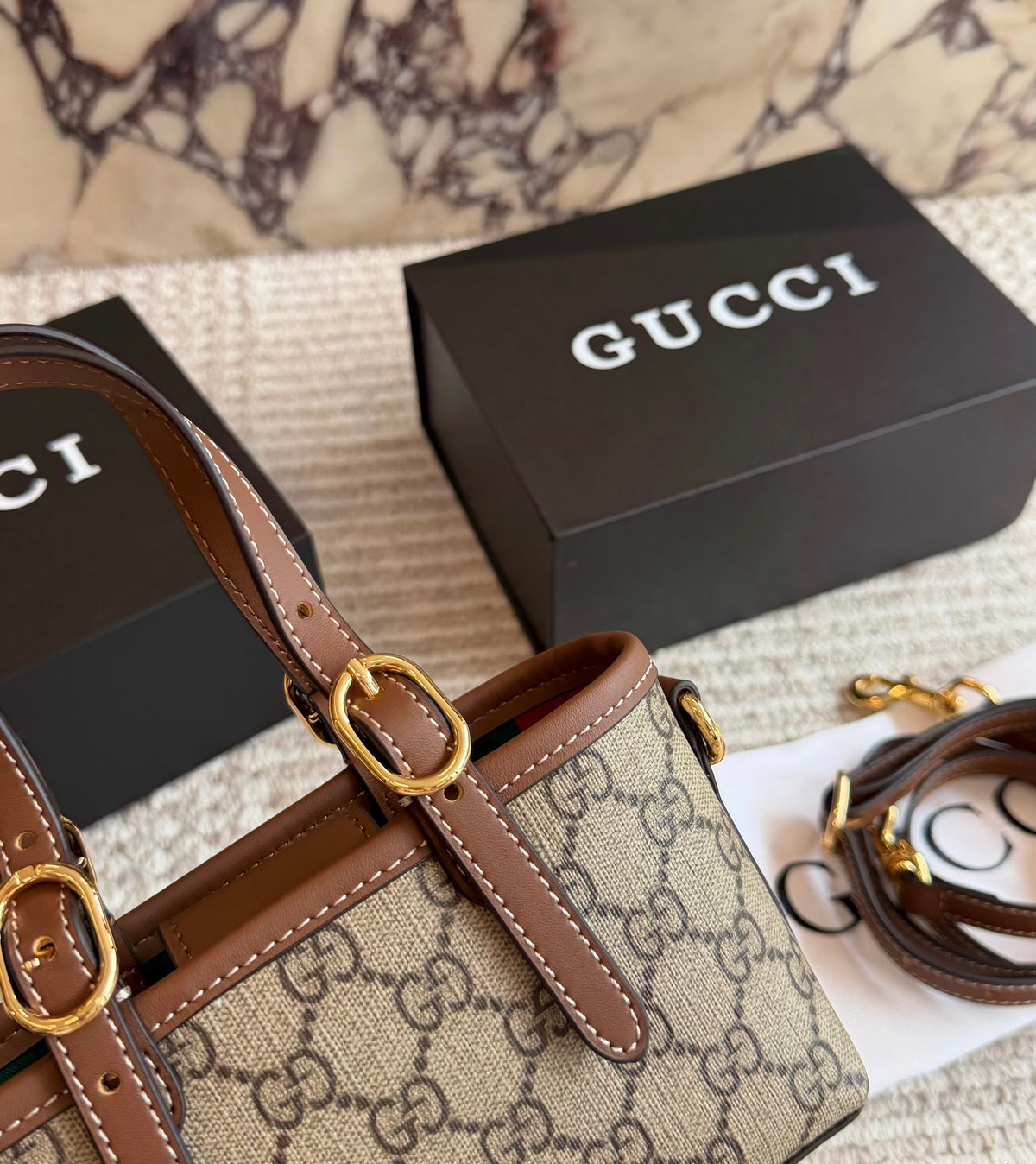 Cuero | Signature Monogram Mini Buckle Tote Bag - Beige & Brown Monogram