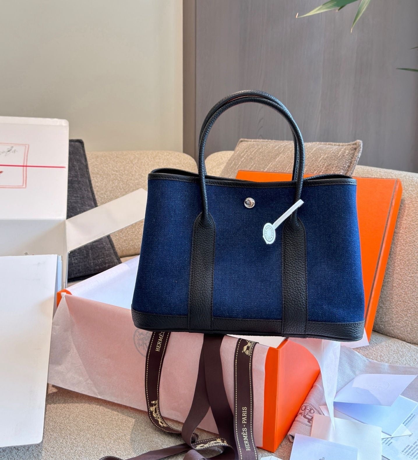 Hermes Garden Party Tote – Navy Denim Canvas with Black Leather