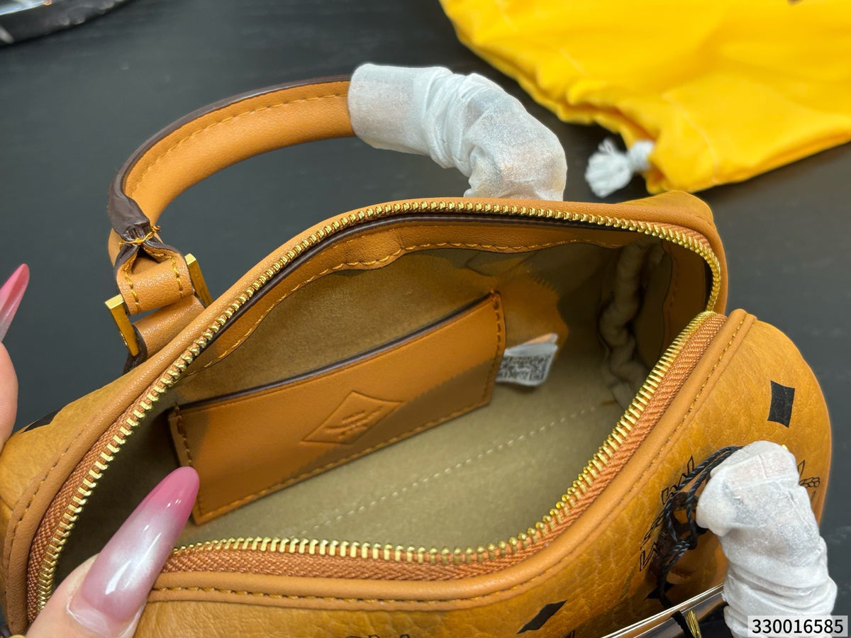 Cuero | Mini Logo Print Barrel Boston Bag - Tan Cognac
