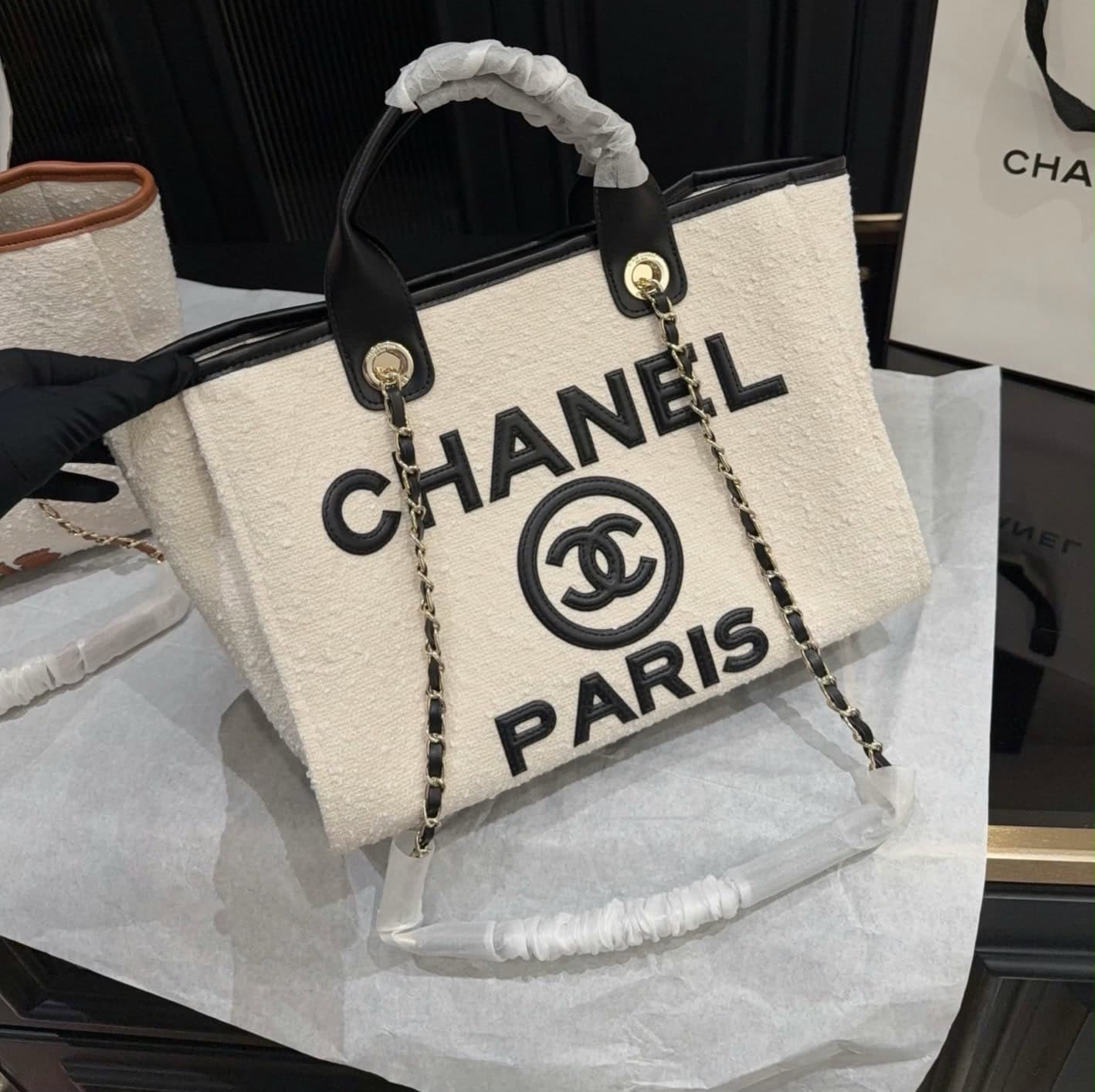 Chanel Medium Striped Deauville Shopping Tote Bag – Black