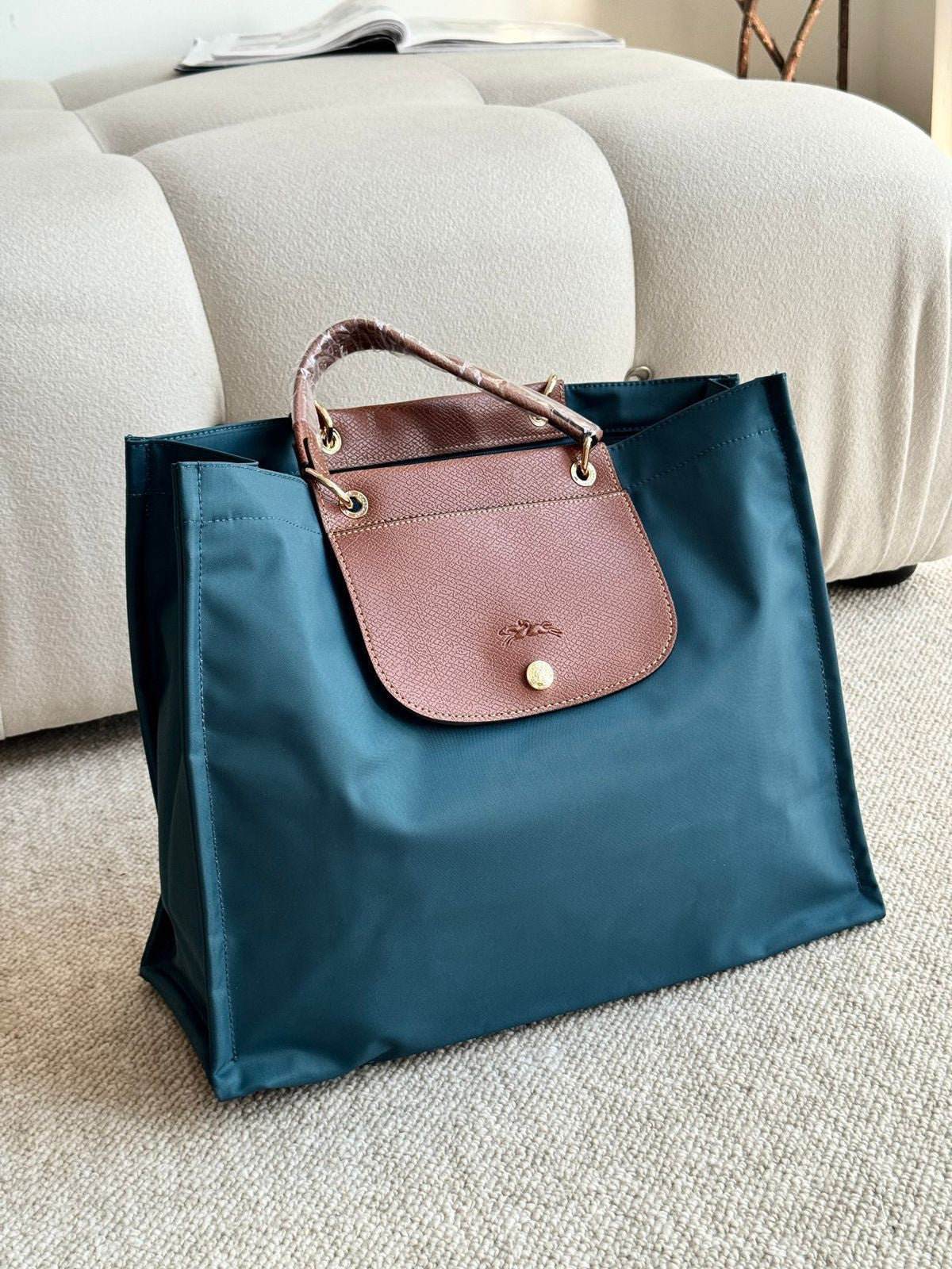 Longchamp Le Pliage Original Tote – Petrol Teal with Cognac Leather