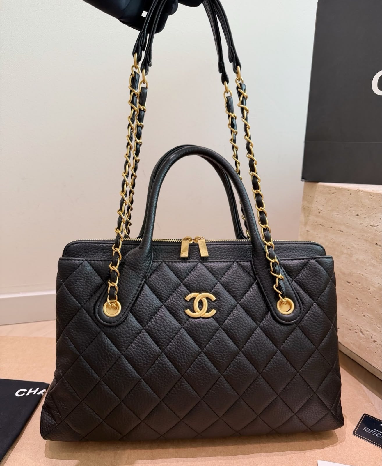Chanel V-Line Tote Bag – Black Quilted Caviar