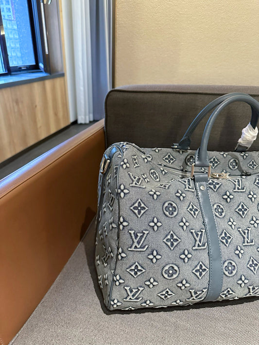 Cuero | Monogram Denim Boston Duffle Bag - Washed Grey Blue