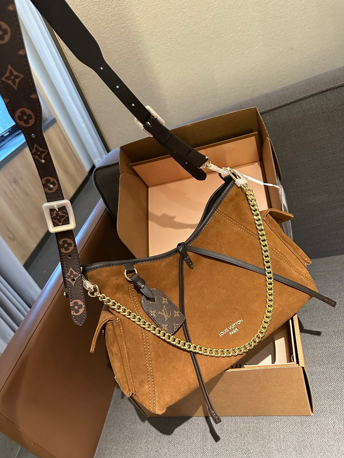 Cuero | Monogram Suede Chain Link Hobo Bag - Tan Brown
