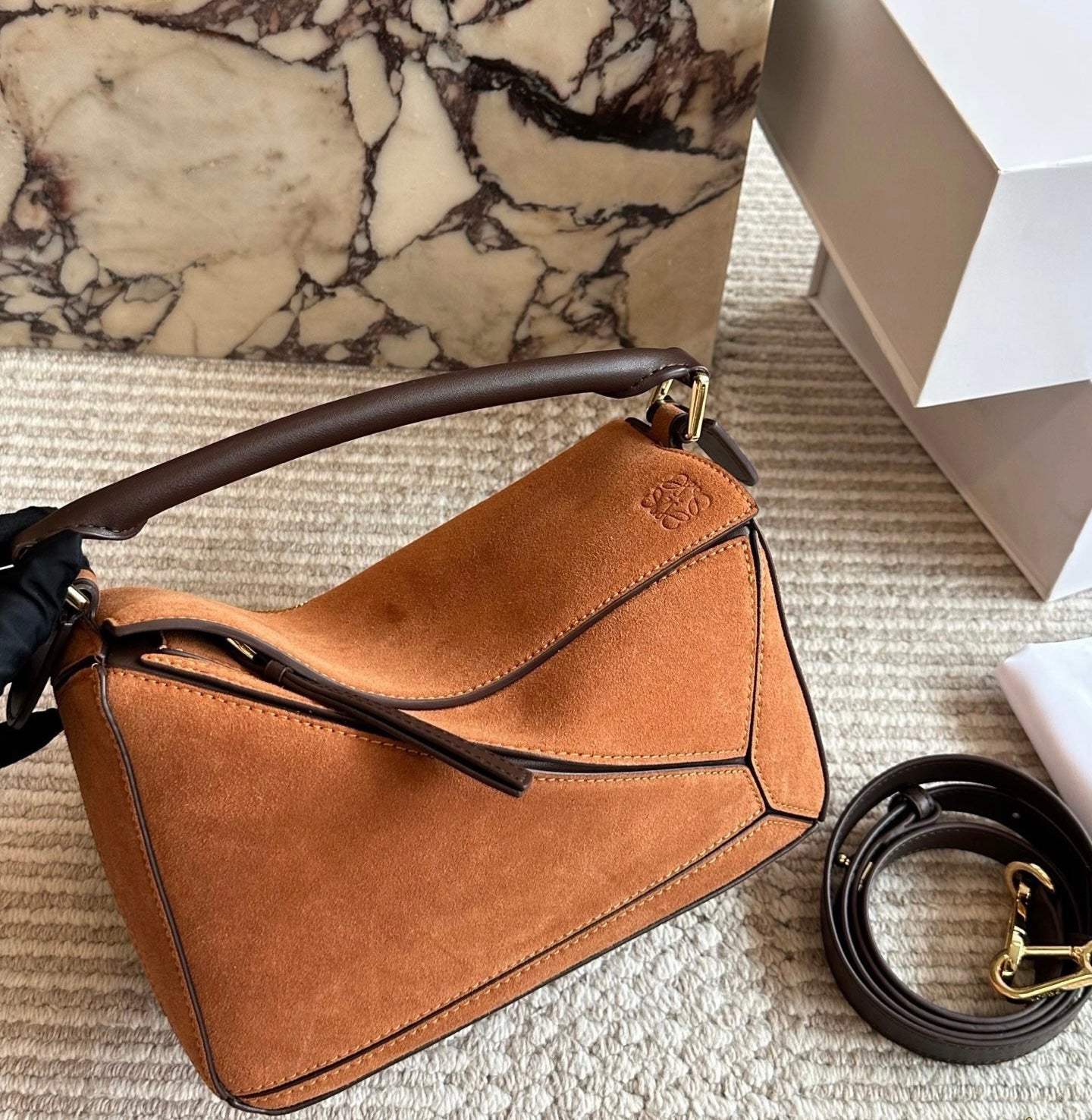 Cuero | Camel Suede Geometric Top Handle Bag