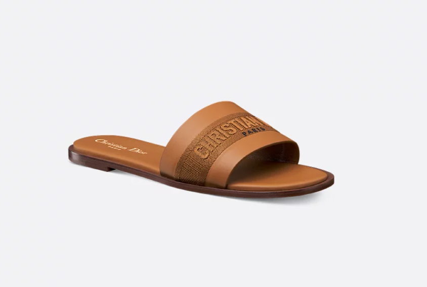 Cuero | Slide Dway Camel-colored embroidered cotton and calfskin leather