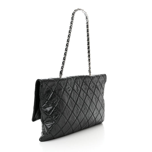 Cuero | Metallic Crumpled Calfskin Big Bang Large Flap Bag Black