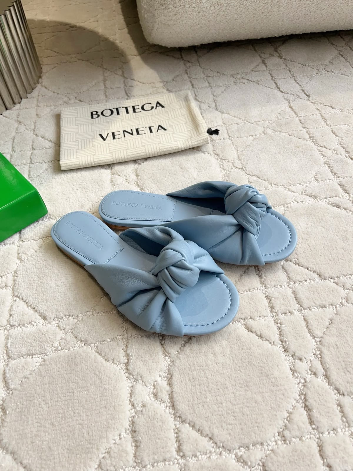 Bottega Veneta Lido Flat Mules – Baby Blue Leather