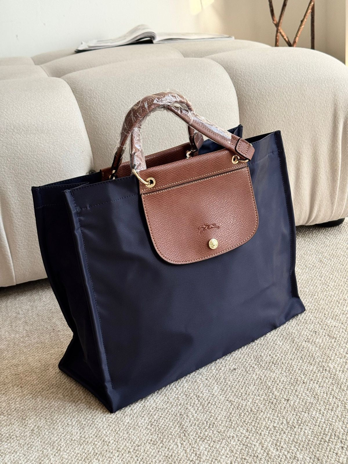 Longchamp Le Pliage Original Tote – Navy with Cognac Leather