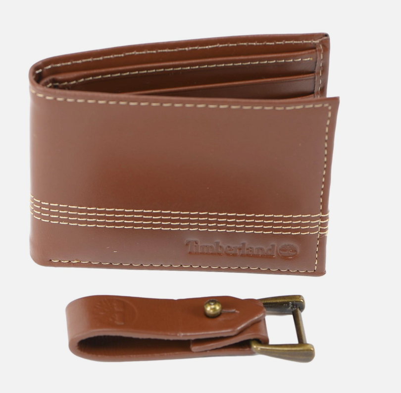 Cuero | Original Timberland Men's Genuine Leather Bifold Wallet with Leather Key FOB