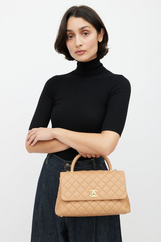 Cuero | Beige Quilted Leather Small Coco Bag