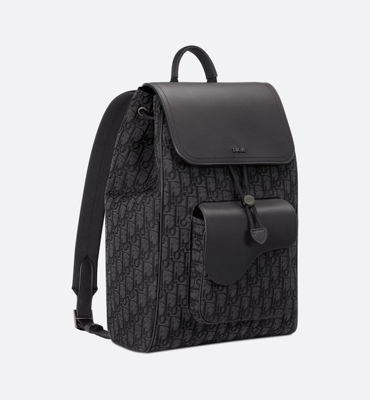 Cuero | Saddle Backpack Black Oblique Jacquard and Grained Calfskin