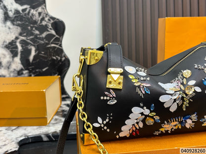 Cuero | Crystal Floral Embellished Hobo Chain Shoulder Bag - Black