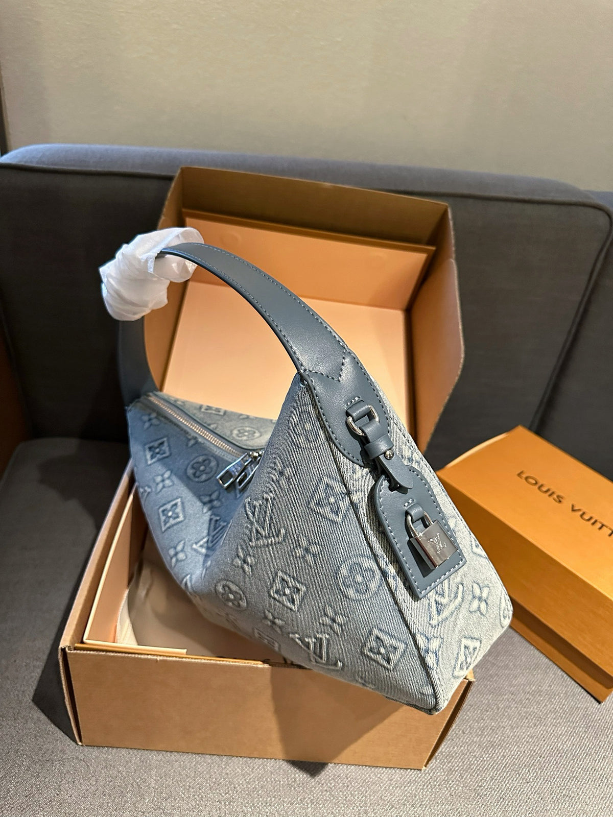 Cuero | Monogram Denim Zip Hobo Shoulder Bag - Washed Blue