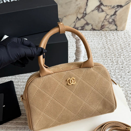Cuero | CC Quilted Suede Bowler Top Handle Bag
