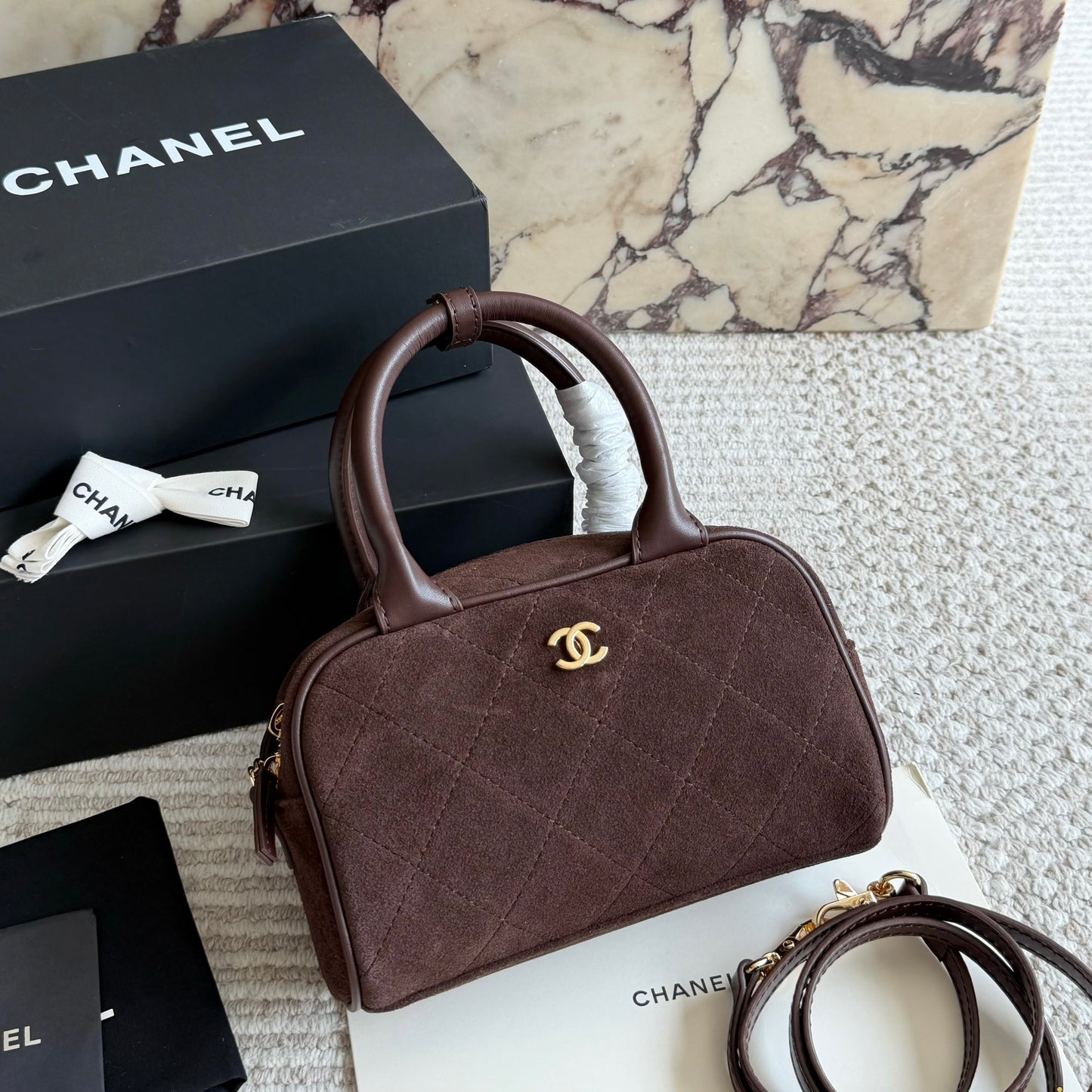 Cuero | CC Quilted Suede Bowler Top Handle Bag