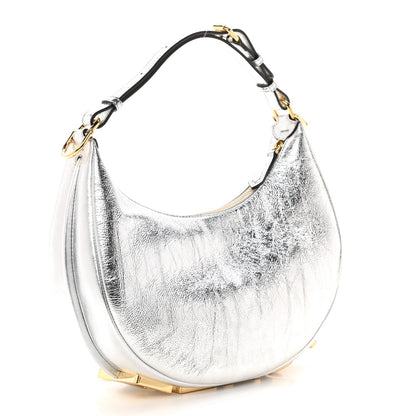 Cuero | Laminated Craquele Lambskin Small Fendigraphy Hobo Bag Argento