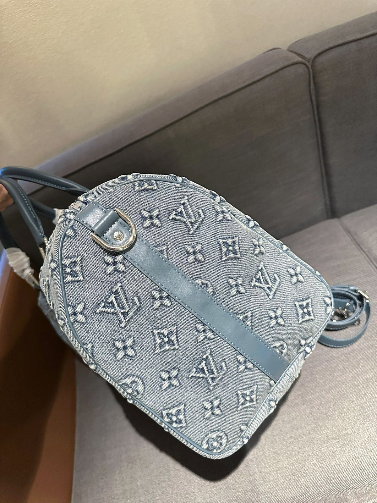 Cuero | Monogram Denim Boston Duffle Bag - Washed Grey Blue