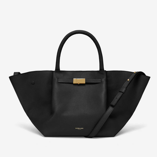 Cuero | Demellier The Midi New York Black small Grain Ecru Stitching
