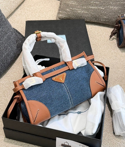 Cuero | Denim Mini Tote Bag with Leather Trim - Blue Denim and Tan