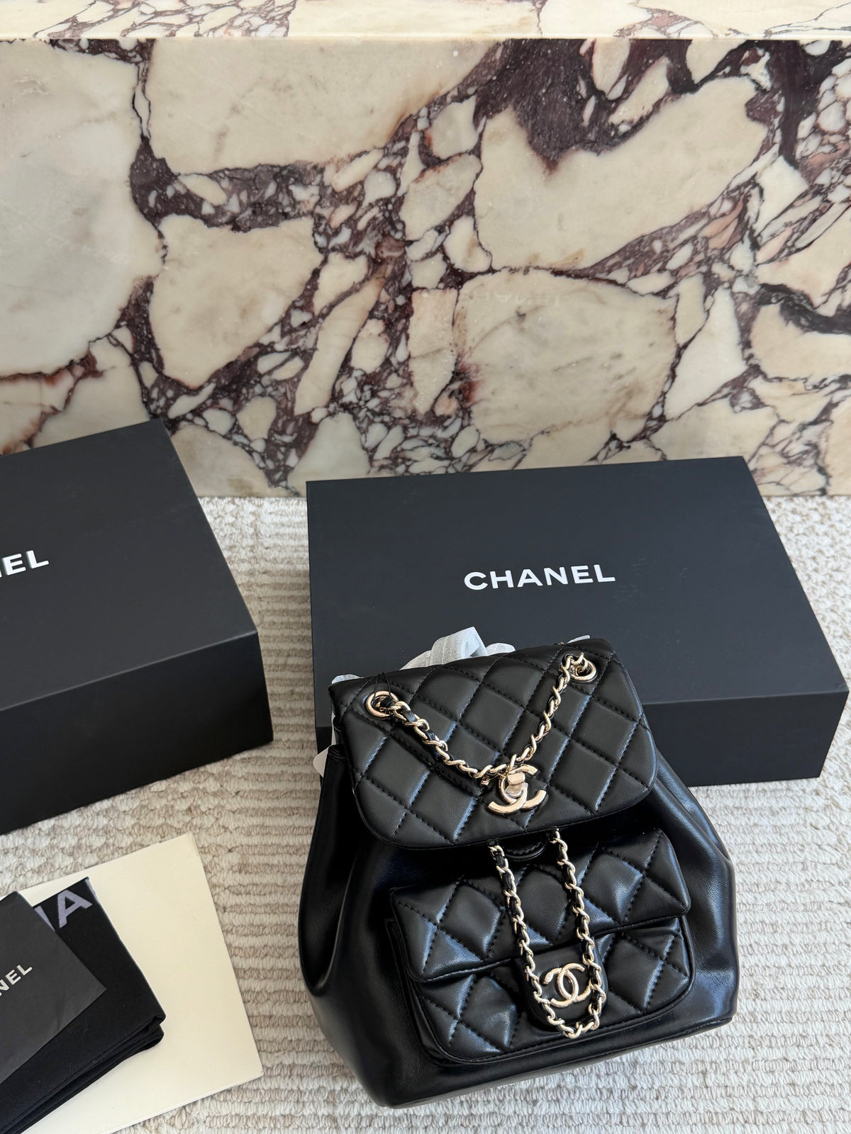 Cuero | Diamond Quilted Dual Flap Chain Backpack - Black