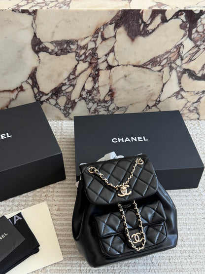 Cuero | Diamond Quilted Dual Flap Chain Backpack - Black