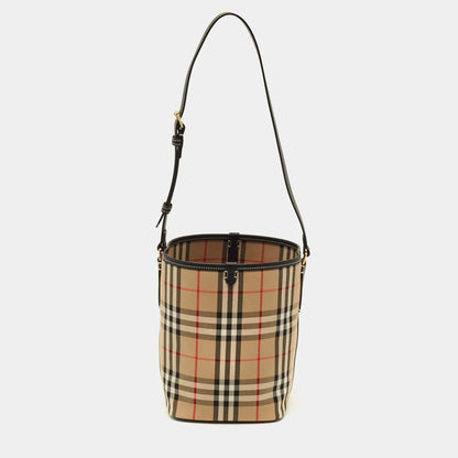 Cuero | Ashby Archive Beige Check Fabric and Leather Bucket Bag