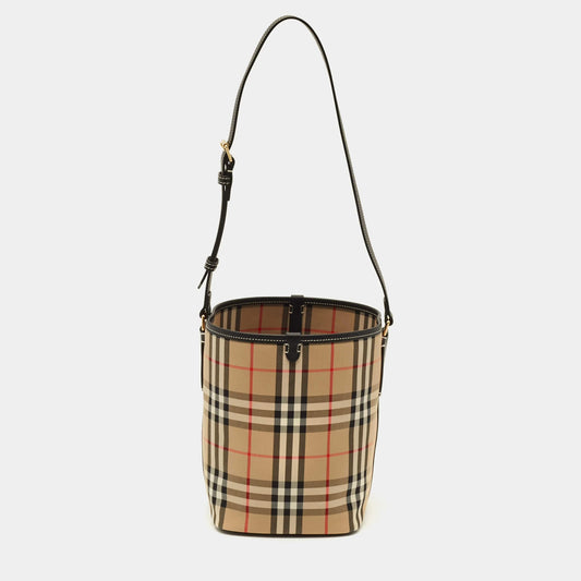 Cuero | Ashby Archive Beige Check Fabric and Leather Bucket Bag