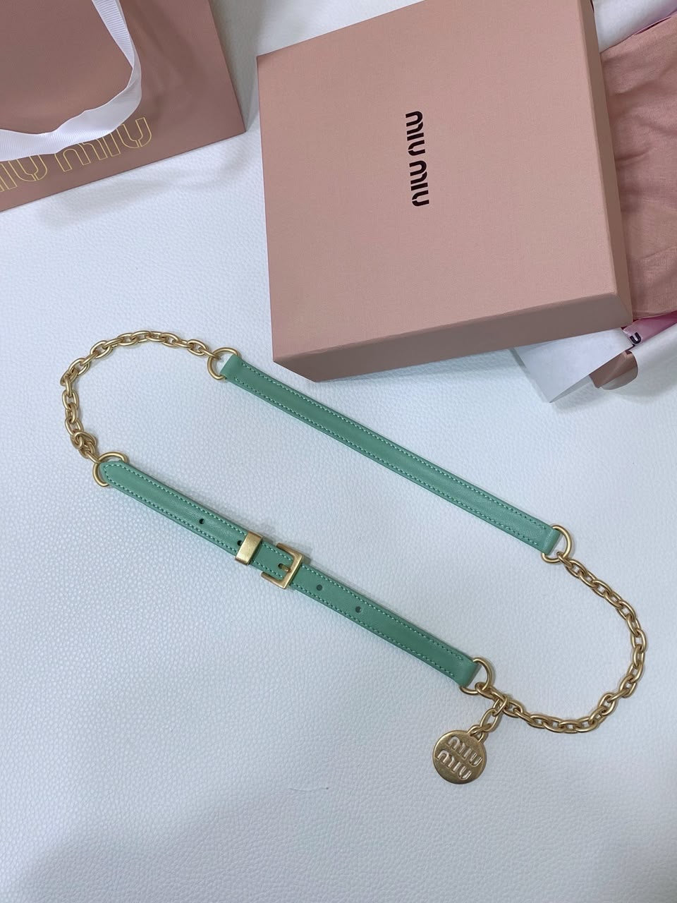Miu Miu Leather and Chain Belt – Mint Green