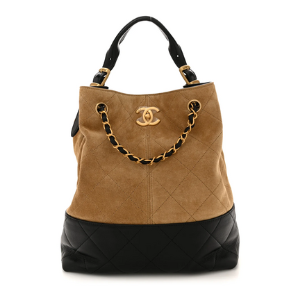 Cuero | Suede Calfskin Shiny Lambskin Quilted Shopping Bag Beige Black