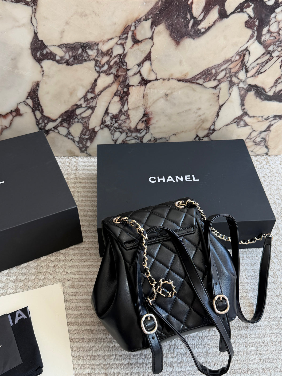 Cuero | Diamond Quilted Dual Flap Chain Backpack - Black