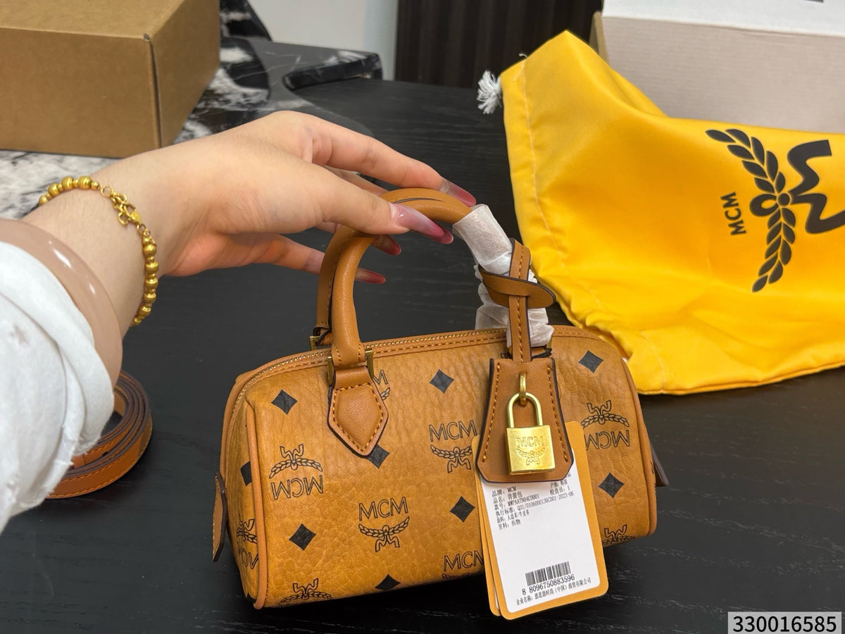 Cuero | Mini Logo Print Barrel Boston Bag - Tan Cognac