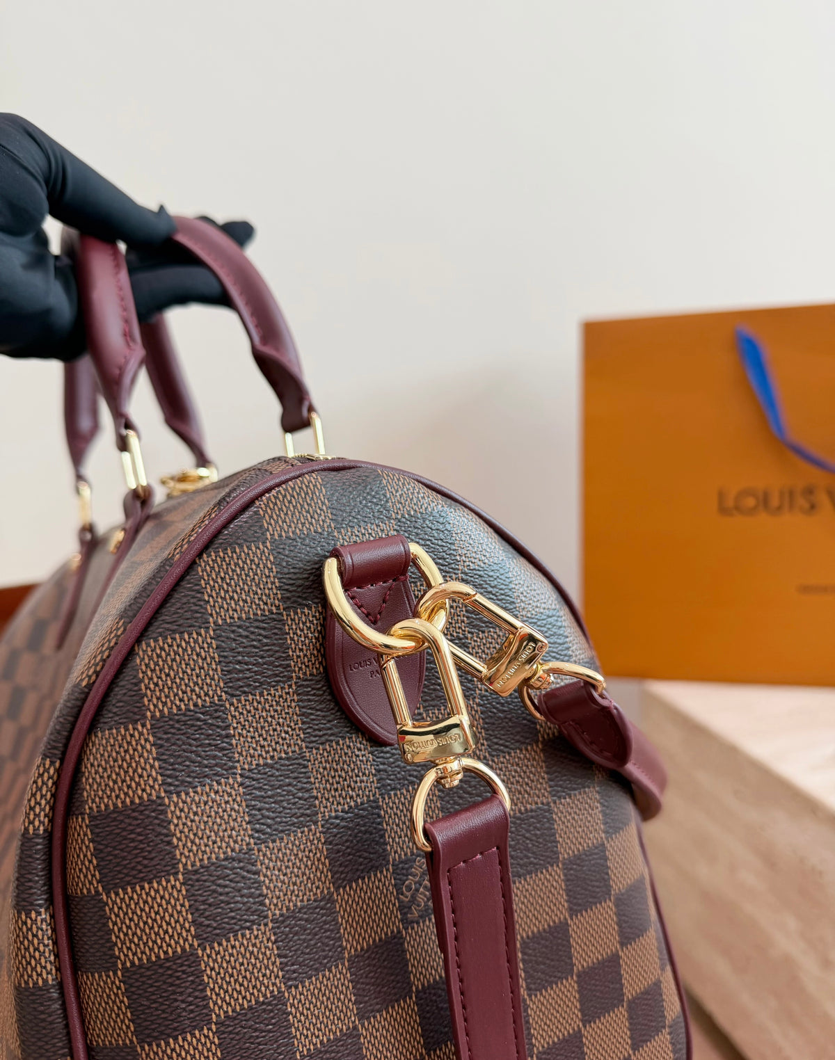 Cuero | Checkered Barrel Satchel Bag - Bordeaux Check