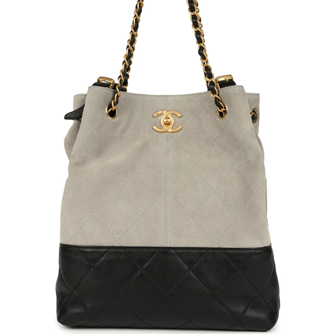 Cuero | Suede Calfskin Shiny Lambskin Quilted Shopping Bag Dark Gray