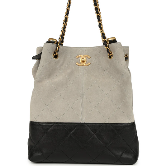 Cuero | Suede Calfskin Shiny Lambskin Quilted Shopping Bag Dark Gray