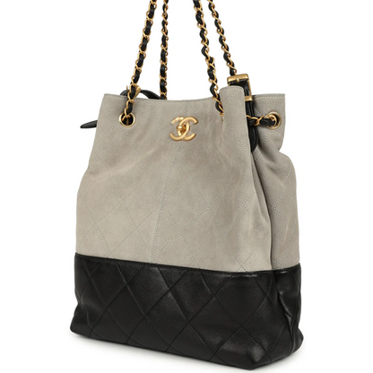 Cuero | Suede Calfskin Shiny Lambskin Quilted Shopping Bag Dark Gray