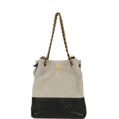 Cuero | Suede Calfskin Shiny Lambskin Quilted Shopping Bag Dark Gray