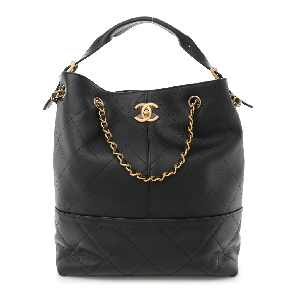 Cuero | Suede Calfskin Shiny Lambskin Quilted Shopping Bag Black