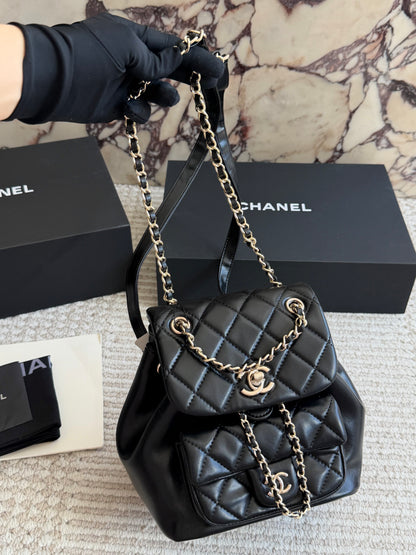 Cuero | Diamond Quilted Dual Flap Chain Backpack - Black