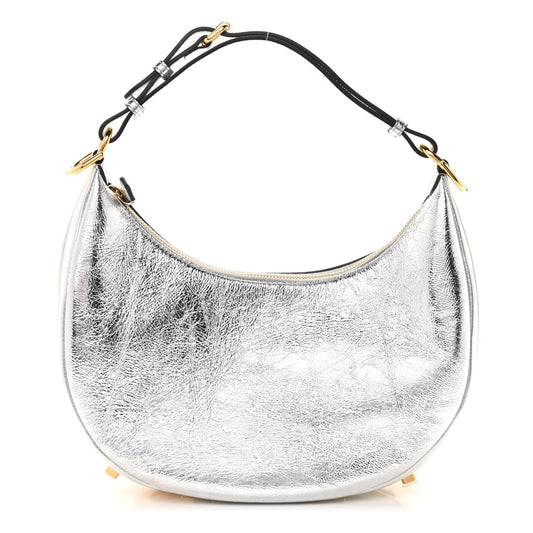 Cuero | Laminated Craquele Lambskin Small Fendigraphy Hobo Bag Argento