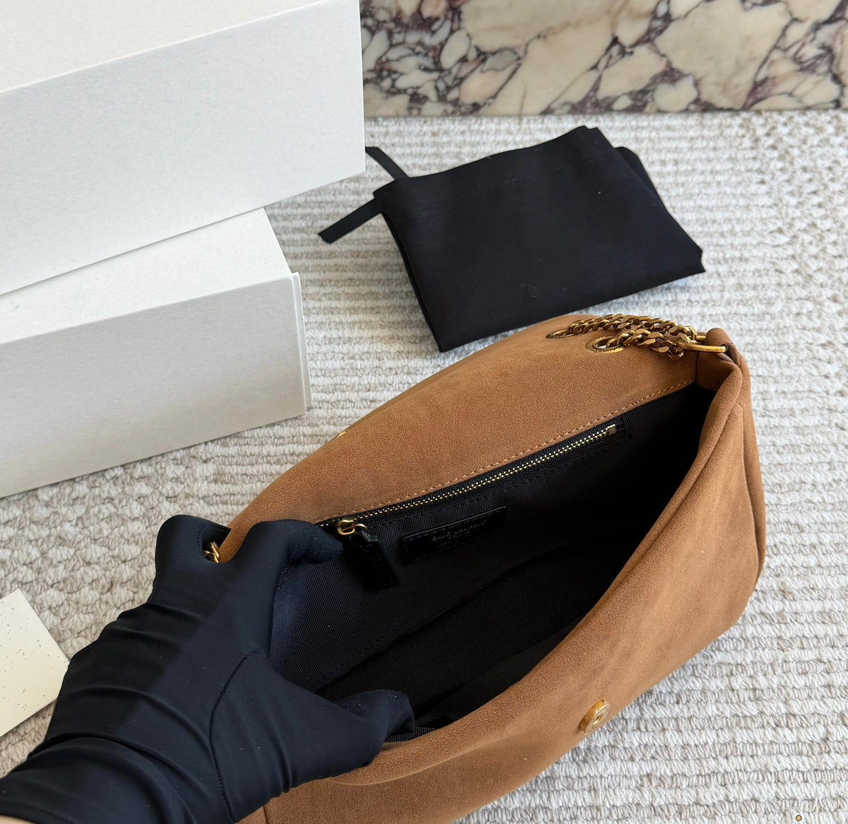 Cuero | Suede Asymmetric Logo Flap Chain Bag - Tan Brown