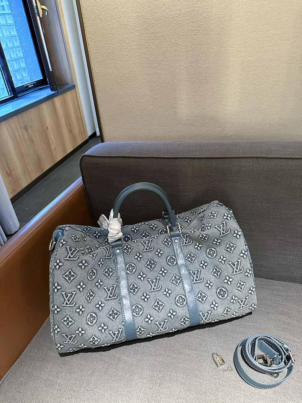 Cuero | Monogram Denim Boston Duffle Bag - Washed Grey Blue